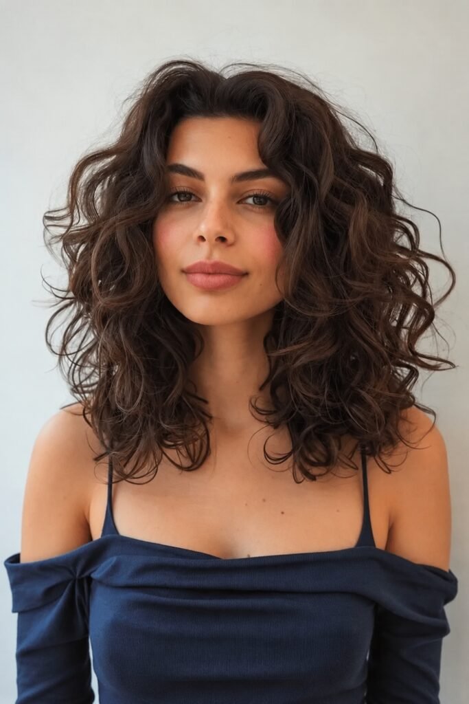Air-dried wavy dark hair with butterfly layers, worn off the shoulder