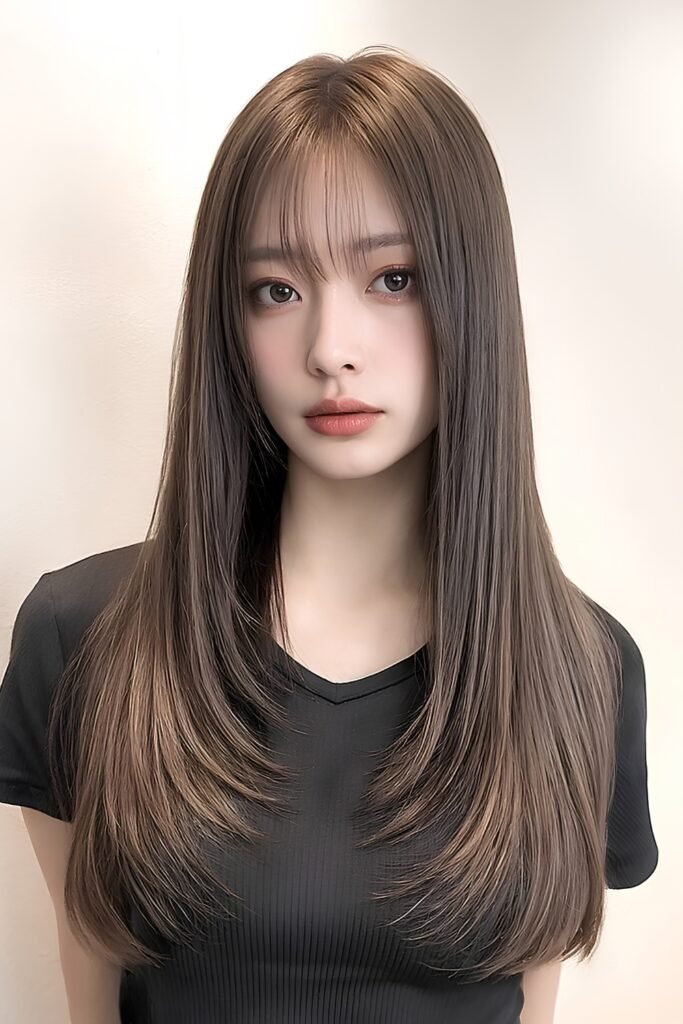 Long straight brown hair with a center part, wispy bangs and subtle layers