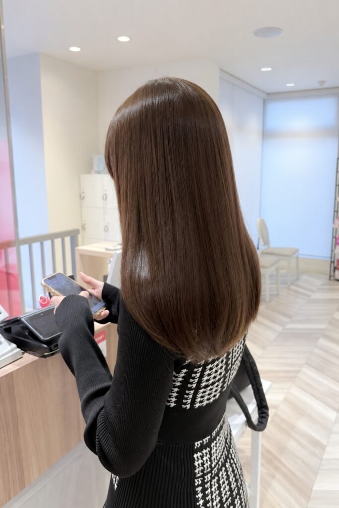 Back view of straight dark brown hair with a subtle caramel tint