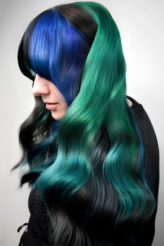 Long black wavy hair with cobalt blue and teal green panels