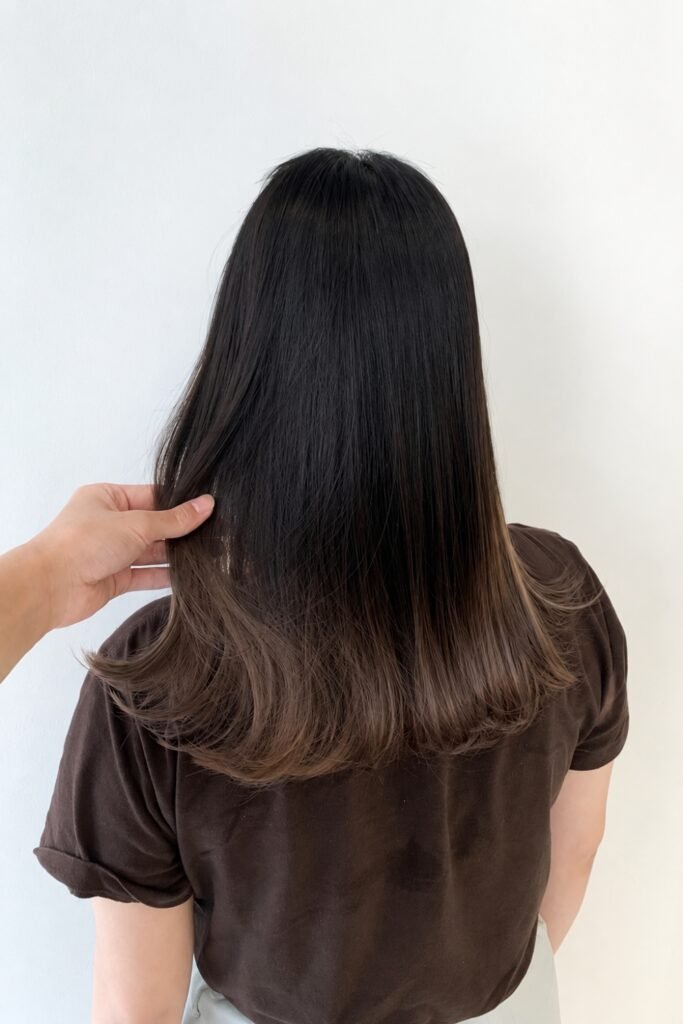 Back view of long dark hair with lighter ends