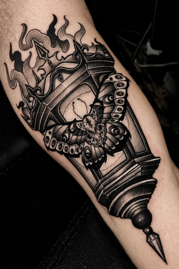 Blackwork Moth Over a Lantern