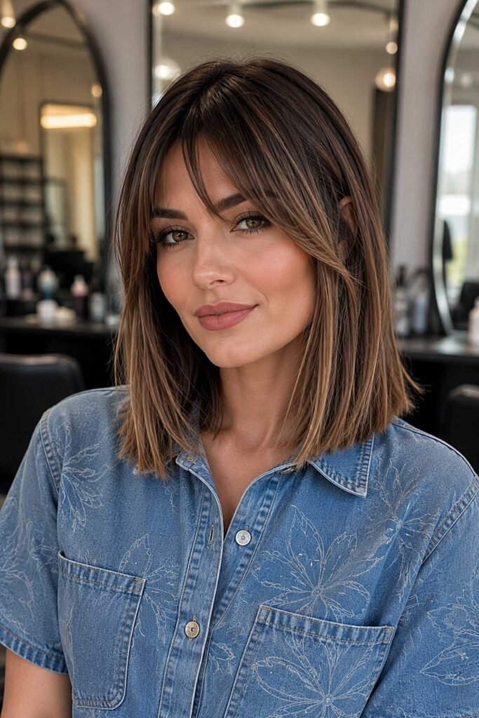 Woman with a brunette blunt lob and a wispy fringe