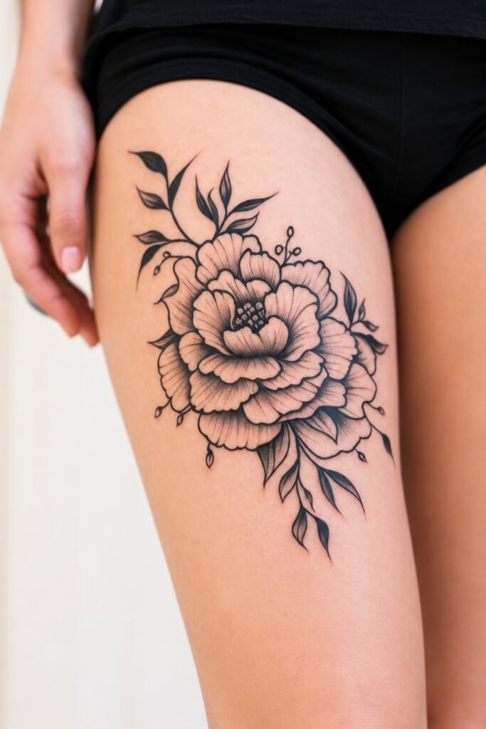 Bold blackwork peony tattoo