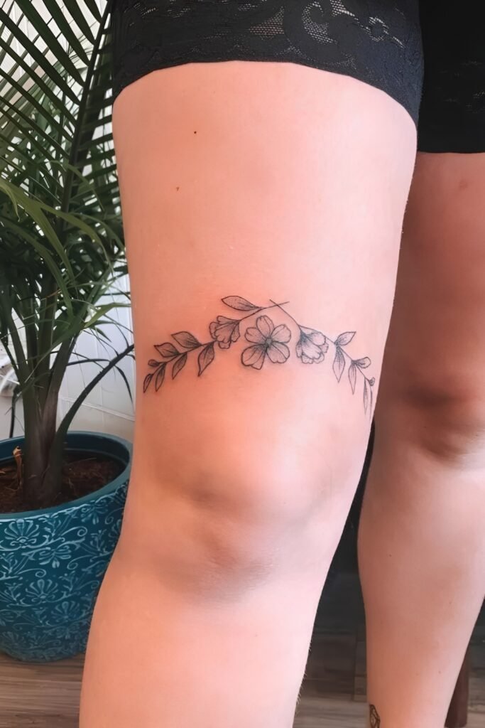 Botanical vine tattoo curving above the knee