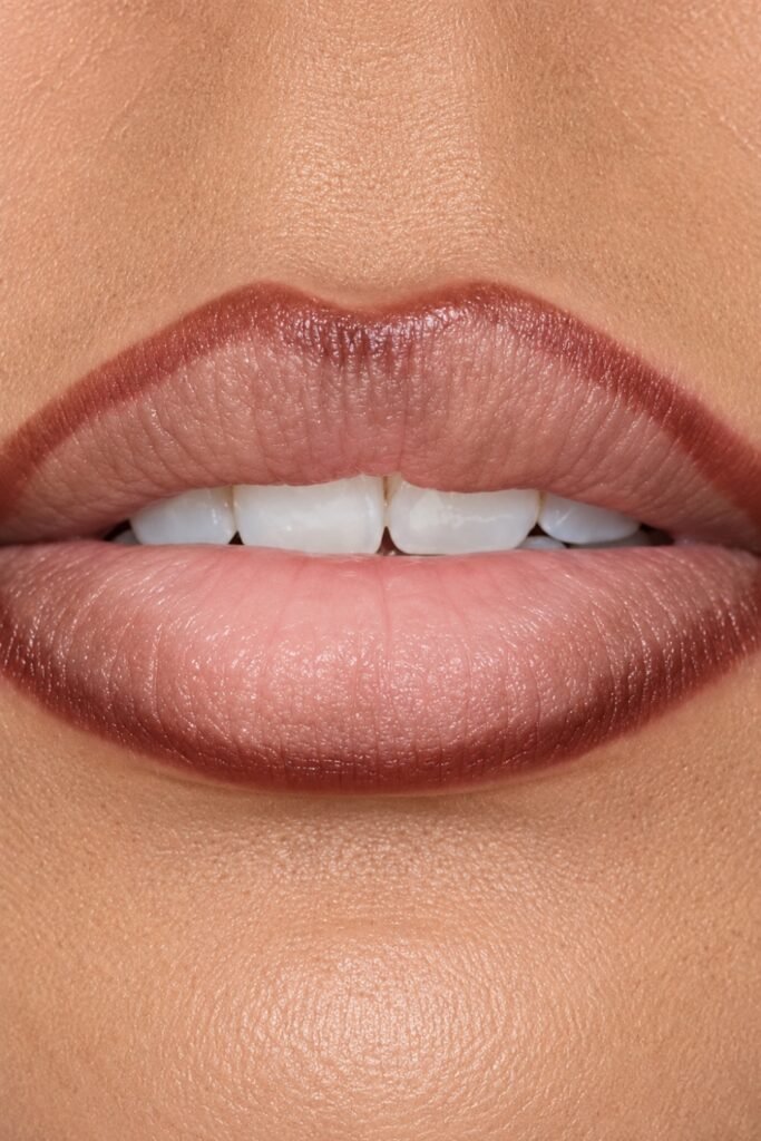 Close-up of lips with brown liner and a peachy nude center