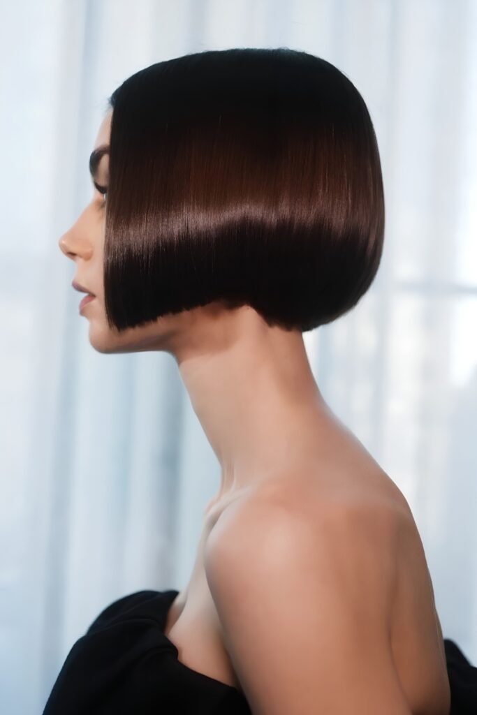 Side profile of a glossy dark brunette Scandi bob