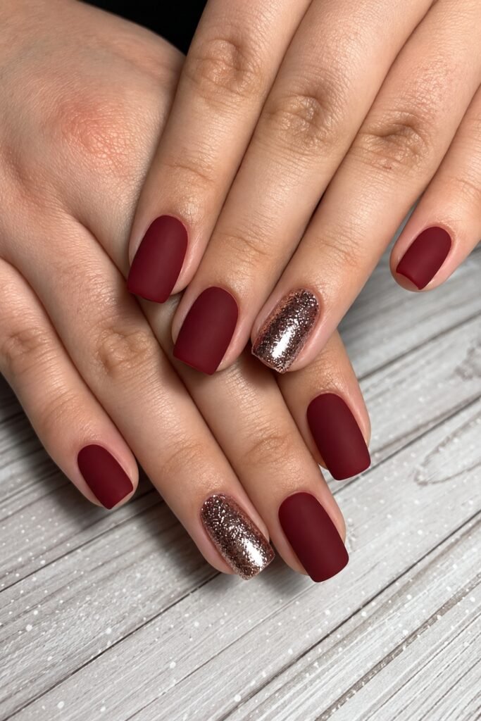 Short square burgundy matte nails with a glitter accent nail