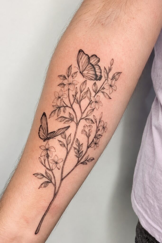 Butterfly with a botanical stem tattoo
