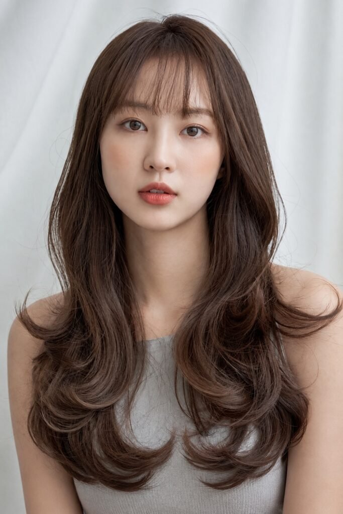 Long layered cut with C-curl ends and a light fringe