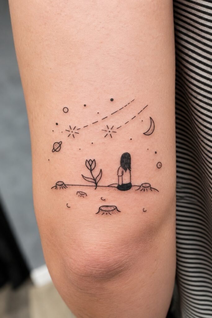 Celestial arc tattoo above the kneecap