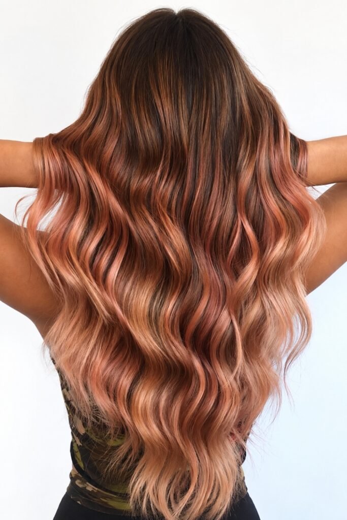Back view of wavy rose-copper hair with a darker root