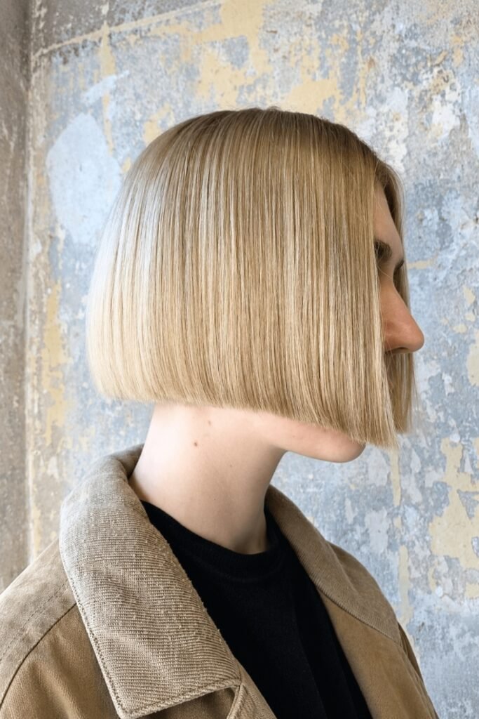 Back and side view of a chin-grazing blonde bob