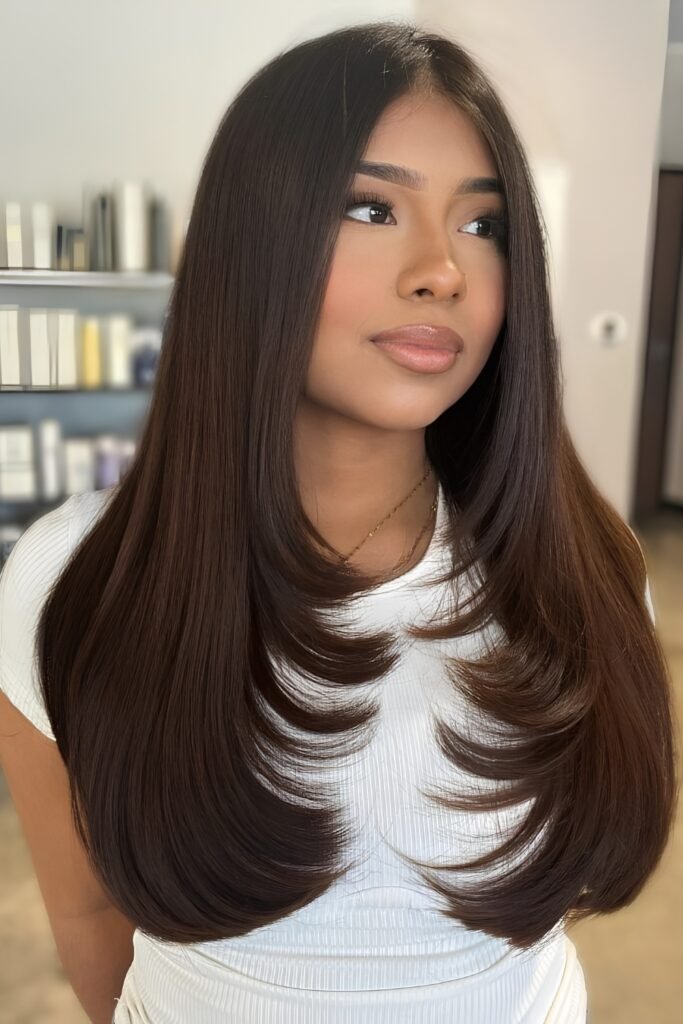 Long dark straight hair with chin-length face-framing layers curved inward