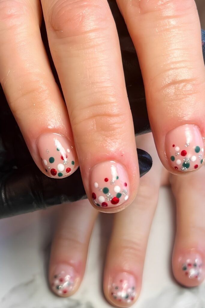 Short square nude nails with red and green confetti dots