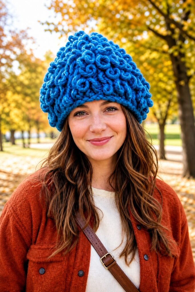 Woman in a chunky blue crochet beanie with a rust shacket