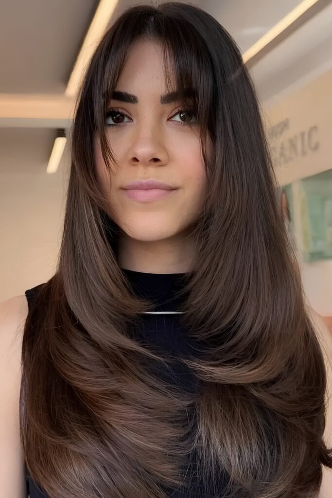 Long dark brown straight hair with curtain bangs and face-framing butterfly layers
