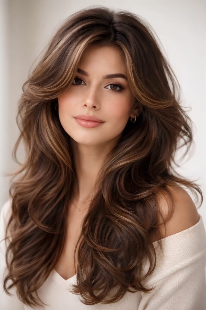 Long wavy brunette hair with classic butterfly layers
