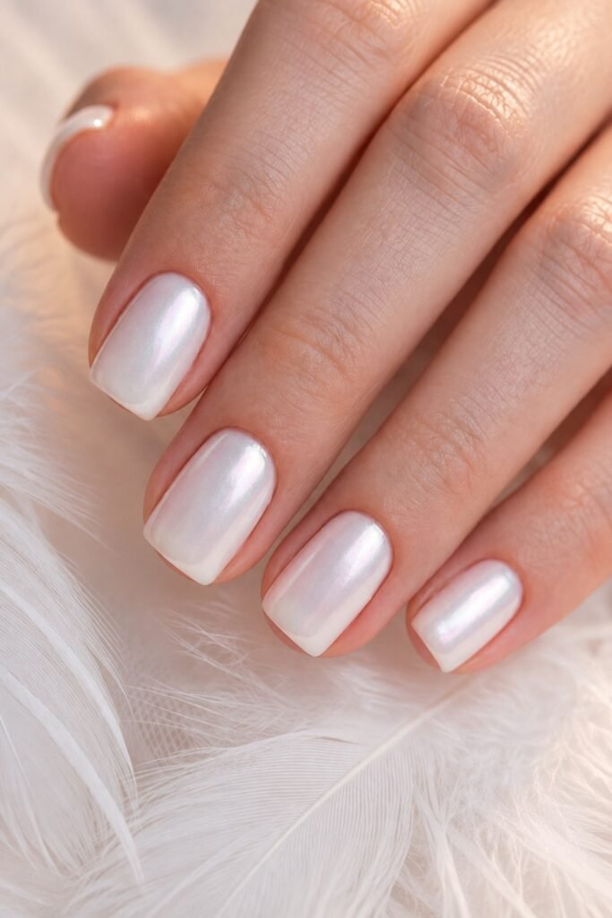 Short square pearly white nails
