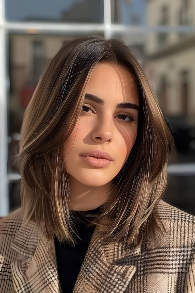 Collarbone-length brunette hair with highlights and soft butterfly layers