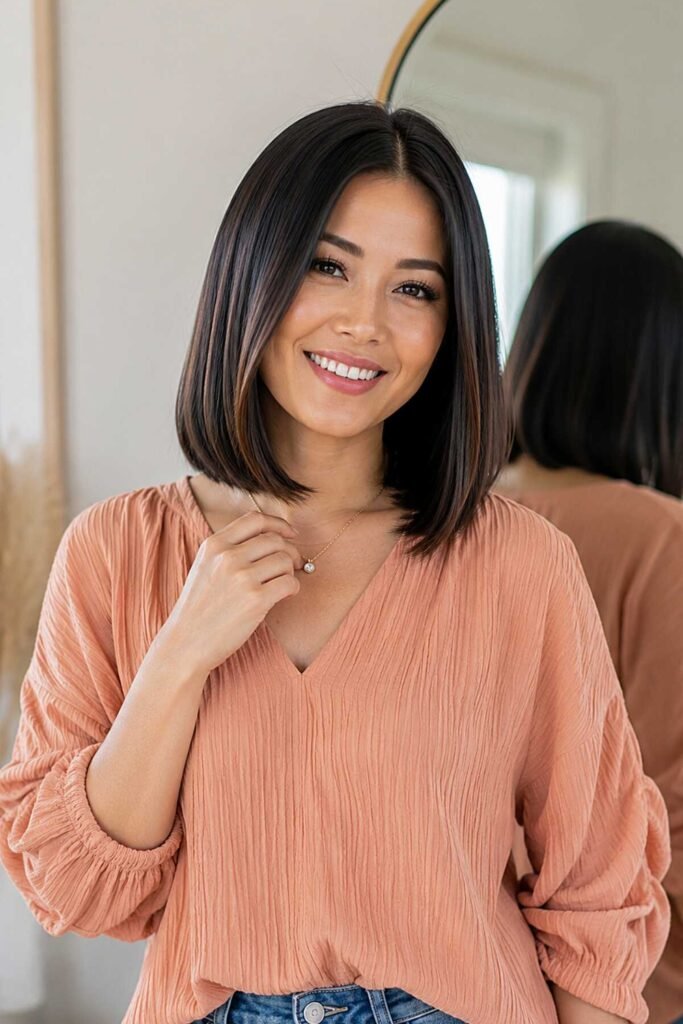 Woman with a glossy collarbone-length black lob