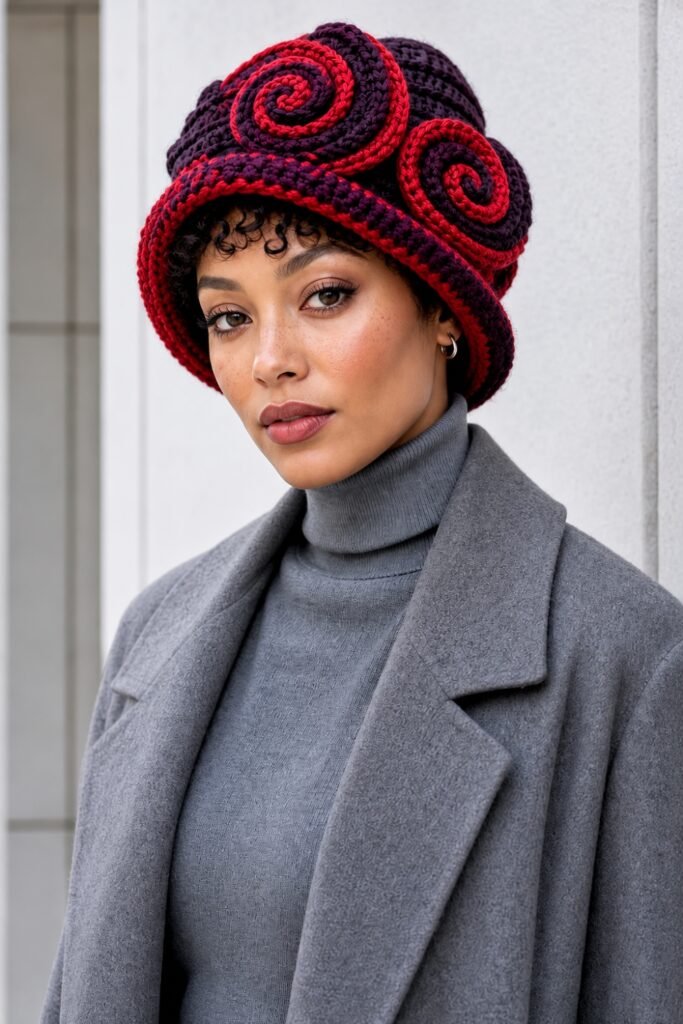 Woman in a burgundy swirl crochet hat with a grey coat and knit