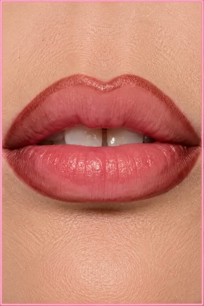 Close-up of lips with cool brown liner and rosewood lipstick