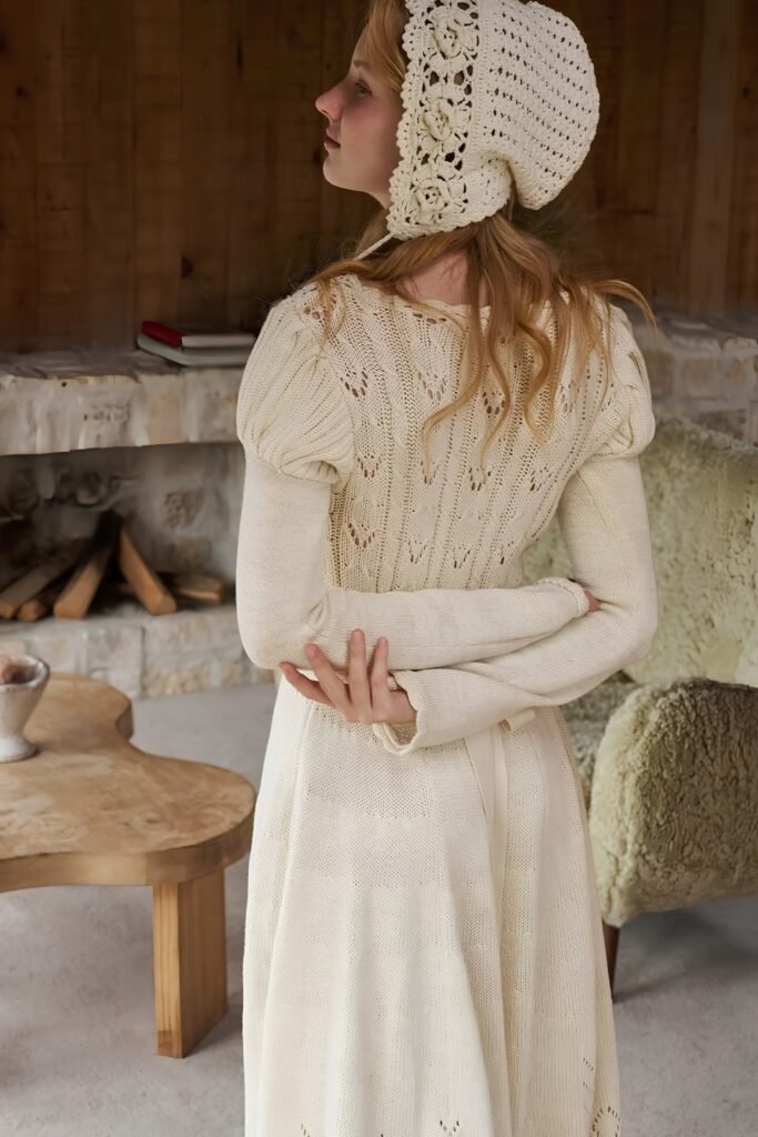 Back view of a woman in a cream crochet bonnet and a cream midi dress