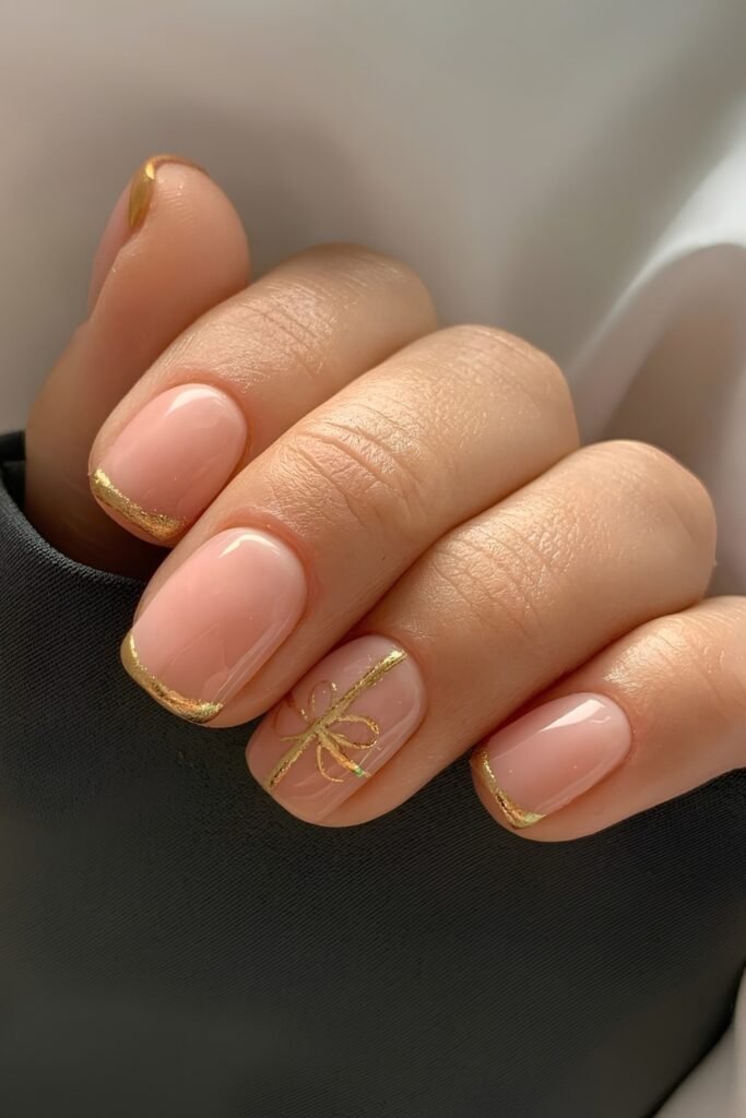 Short square cream nails with fine gold tip detail