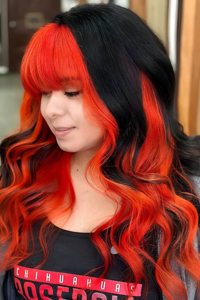 Red and black colour-blocked hair with a fringe