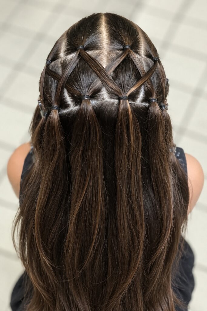Criss-cross rubberband pattern on a child