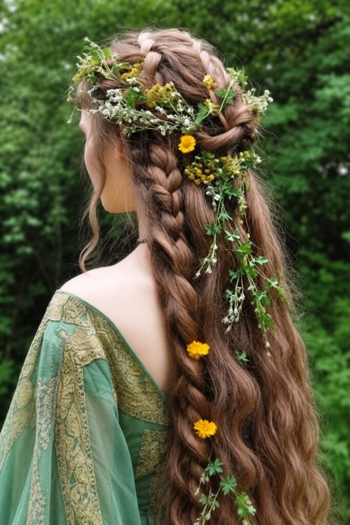 Fairy hairstyle: Crown Braid with Floral Woven Sections