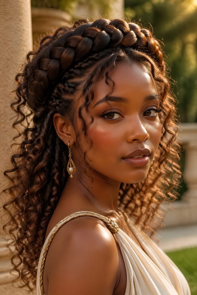 Crown goddess braids with curly lengths in warm brown