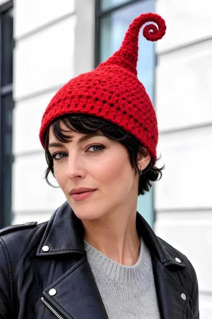 Woman in a red curly cue beanie with a black leather jacket