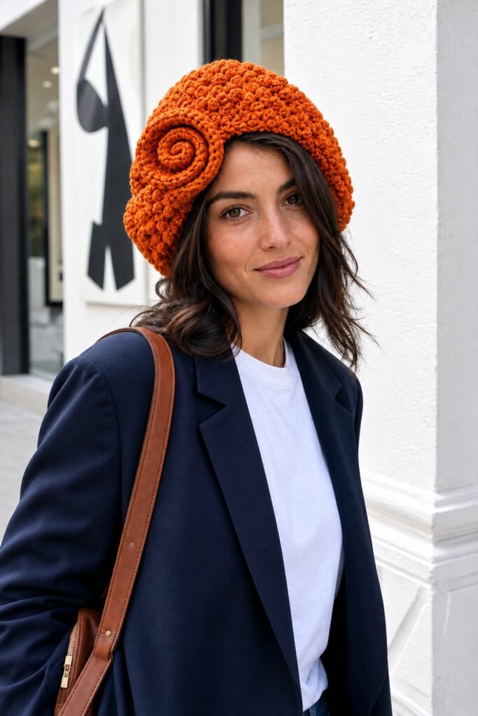 Woman in an orange curly cue beret with a navy blazer and jeans