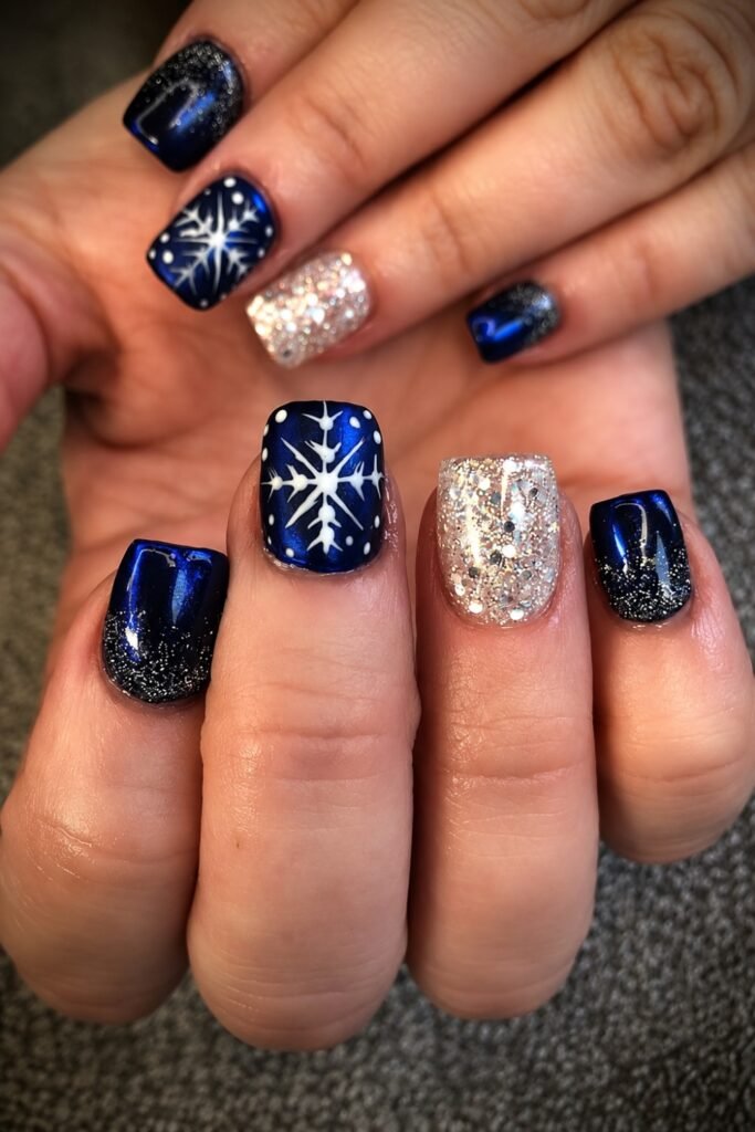 Short square navy nails with silver snowflakes and silver glitter accents