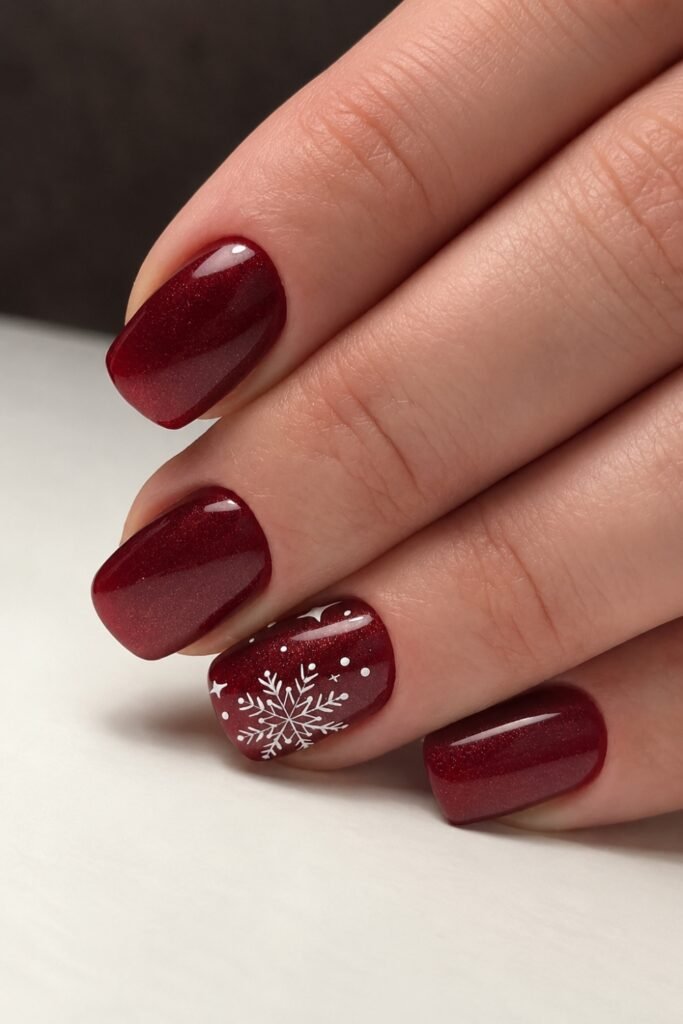 Short square deep red glossy nails with a glitter snowflake accent