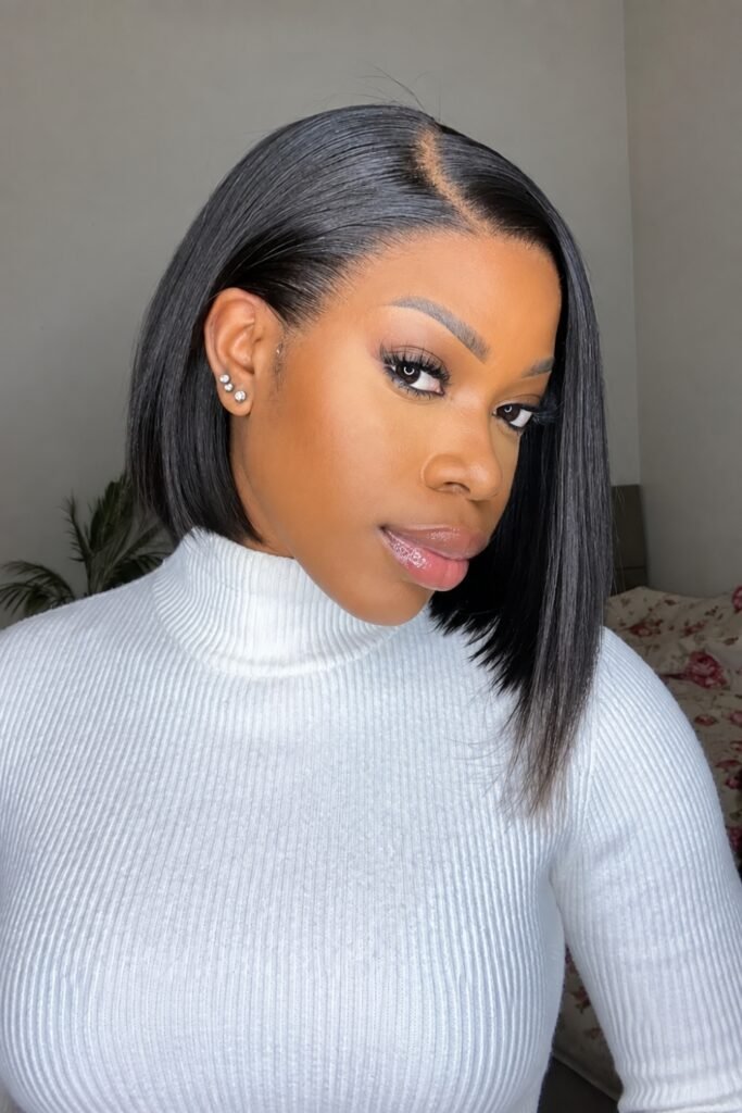 Woman with a deep side-part blunt lob in black
