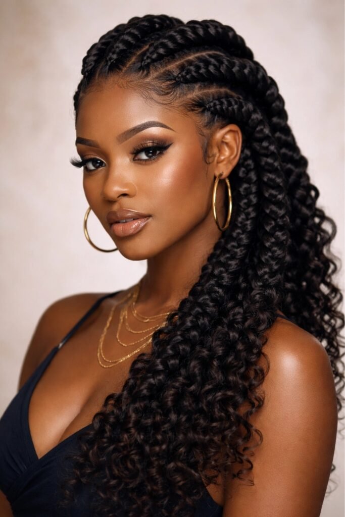 Goddess braids with a deep side part and curly lengths