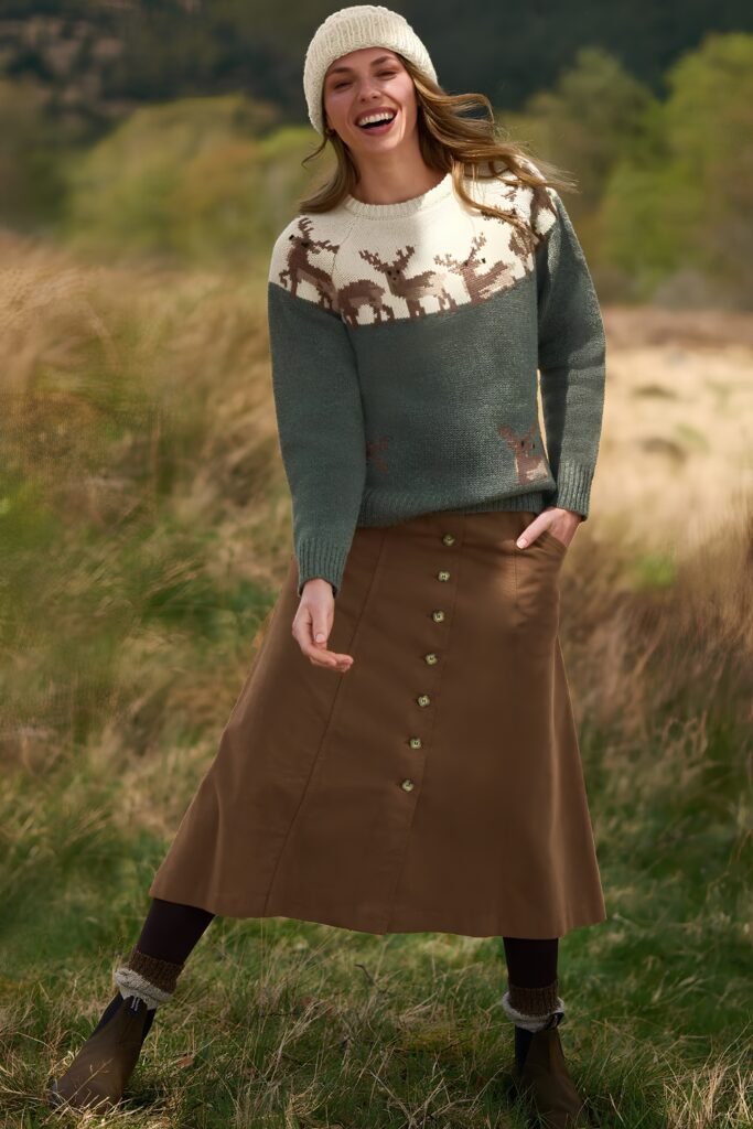 Woman in a deer-motif knit with a chocolate brown skirt