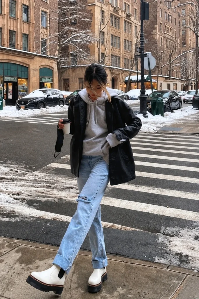 Denim Jacket over Hoodie, Straight Jeans, Platform Boots