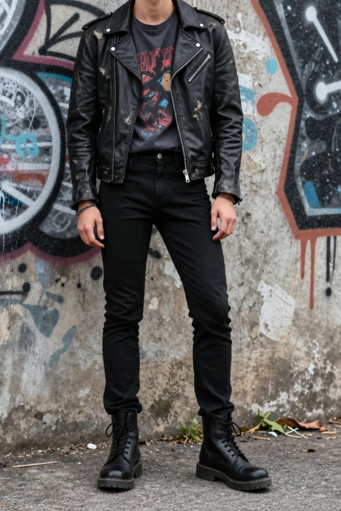 Distressed Black Jeans, Black Band Tee, Leather Jacket, Boots