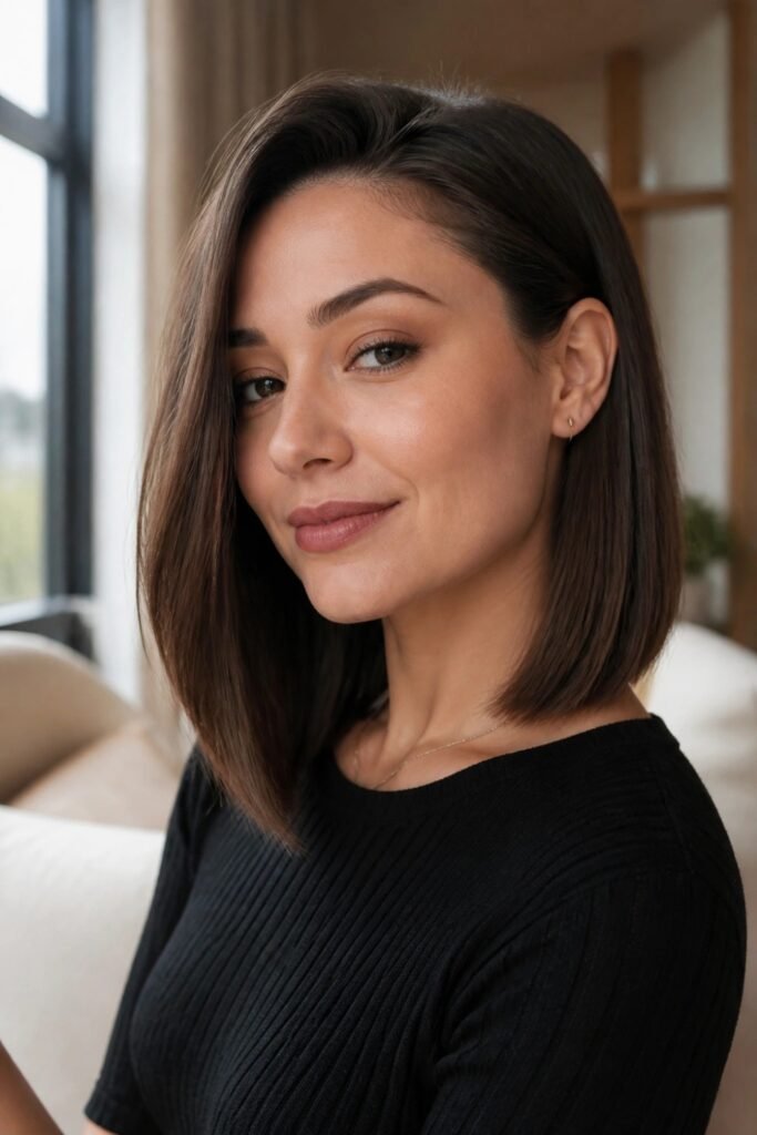 Woman with an ear-tucked blunt lob in dark brown