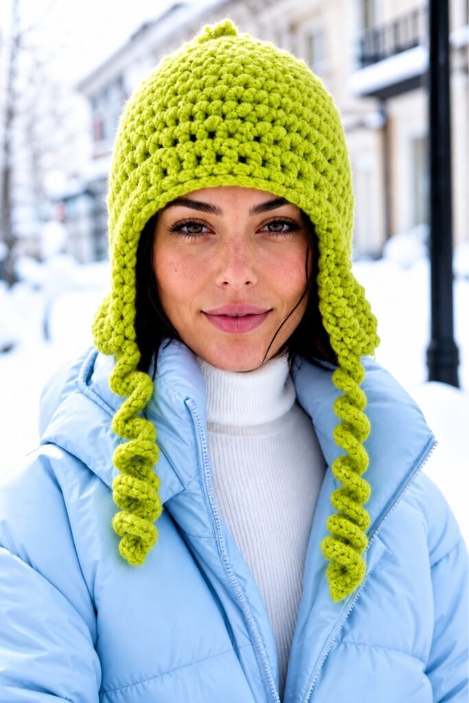 Woman in a lime green earflap curly cue hat with a pale blue puffer