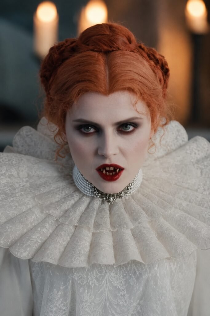 Copper hair in an Elizabethan-style updo with a white ruff collar