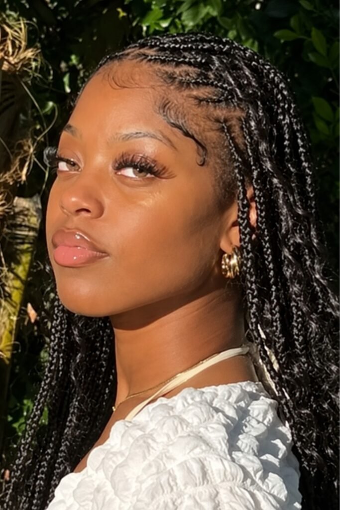 Woman with braids wearing espresso liner and a clear gloss center