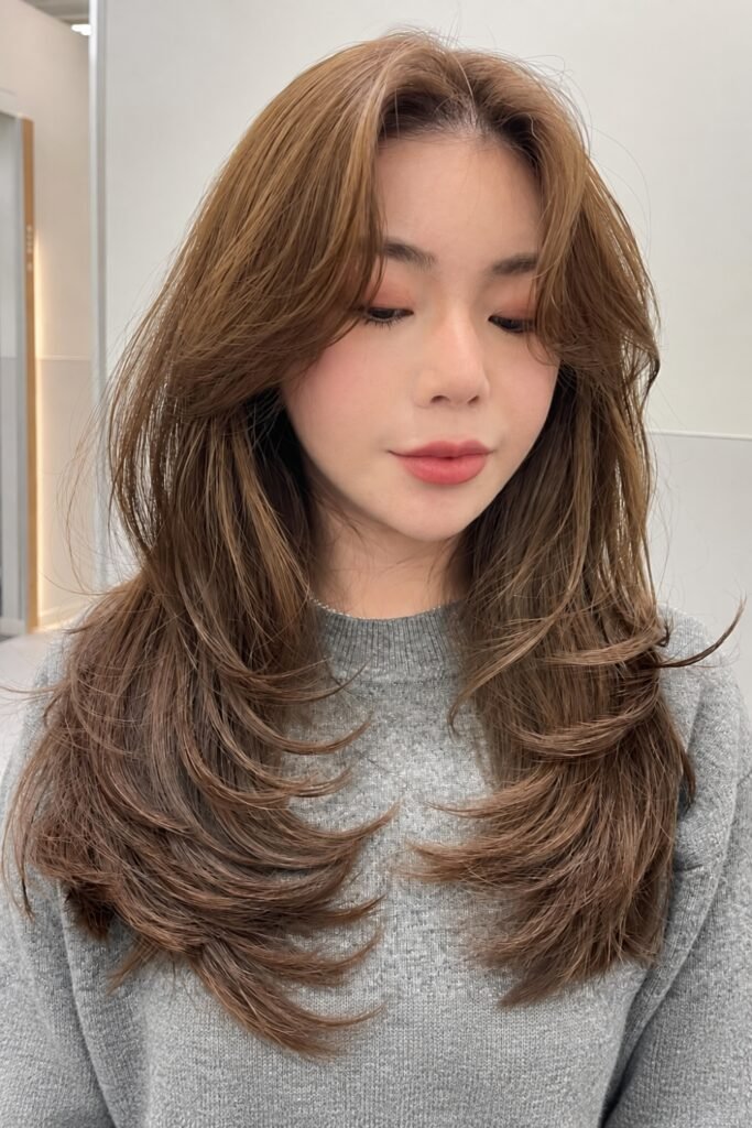 Light brown layered hair with curtain bangs and feathered, flipped ends