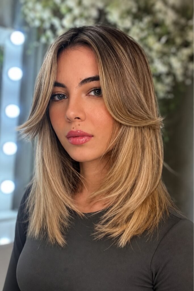 Medium bronde hair with curtain bangs and light layers around the face