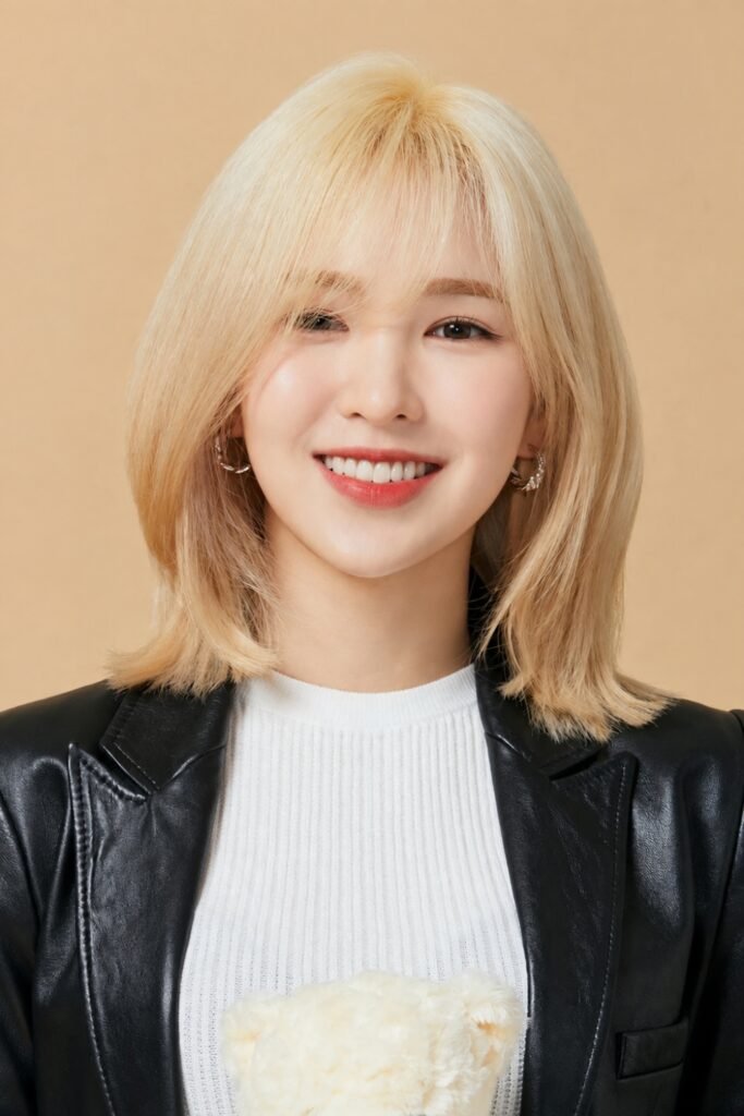 Blonde short layered cut with a fringe
