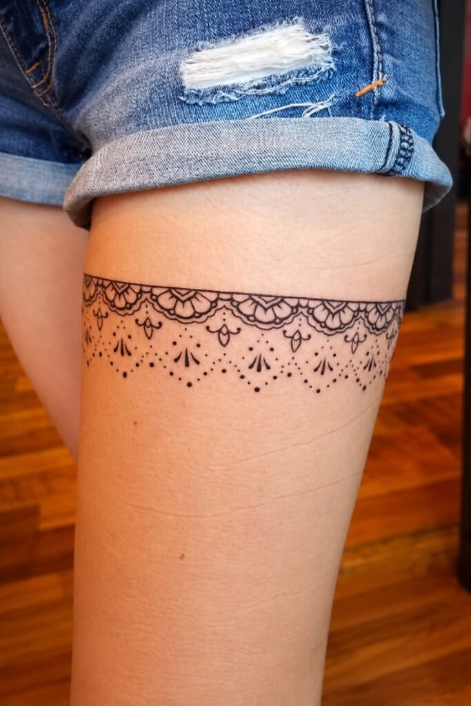 Fine-line lace garter tattoo